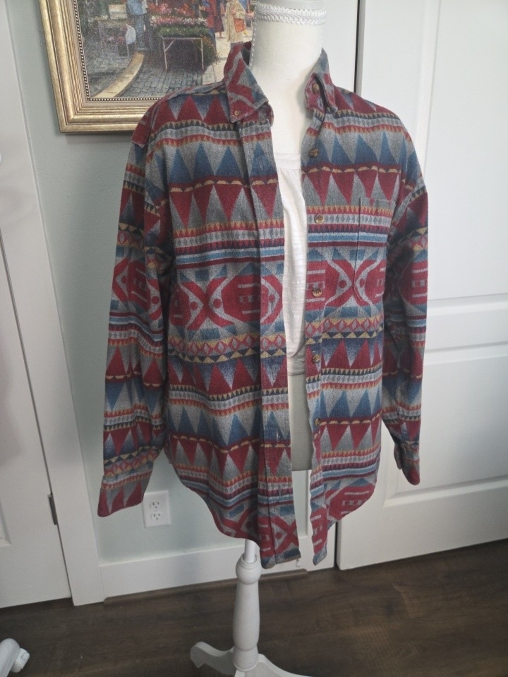 LL Bean Aztec Print Button-Up Jacket - Red & Blue Unisex Y2K Made In USA